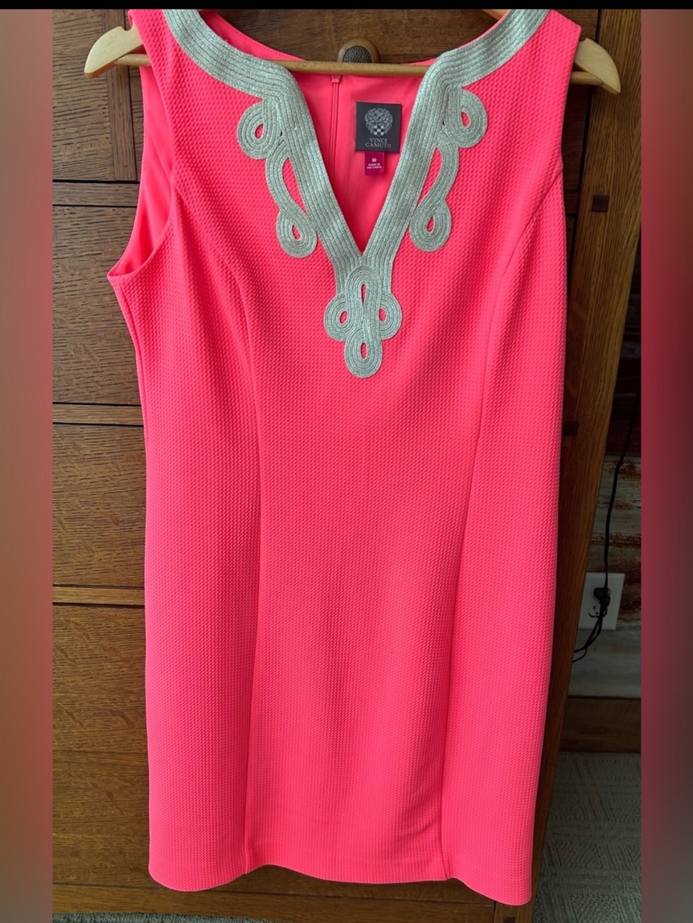 Vince Camuto Bright Coral Pink Dress with Silver Embroidered V-Neck - Picture 3 of 6